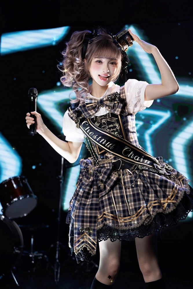 Blue Idol Lolita Plaid JSK Dress with Golden Bear Embroidery and Black Scalloped Hem - LiLi Chain