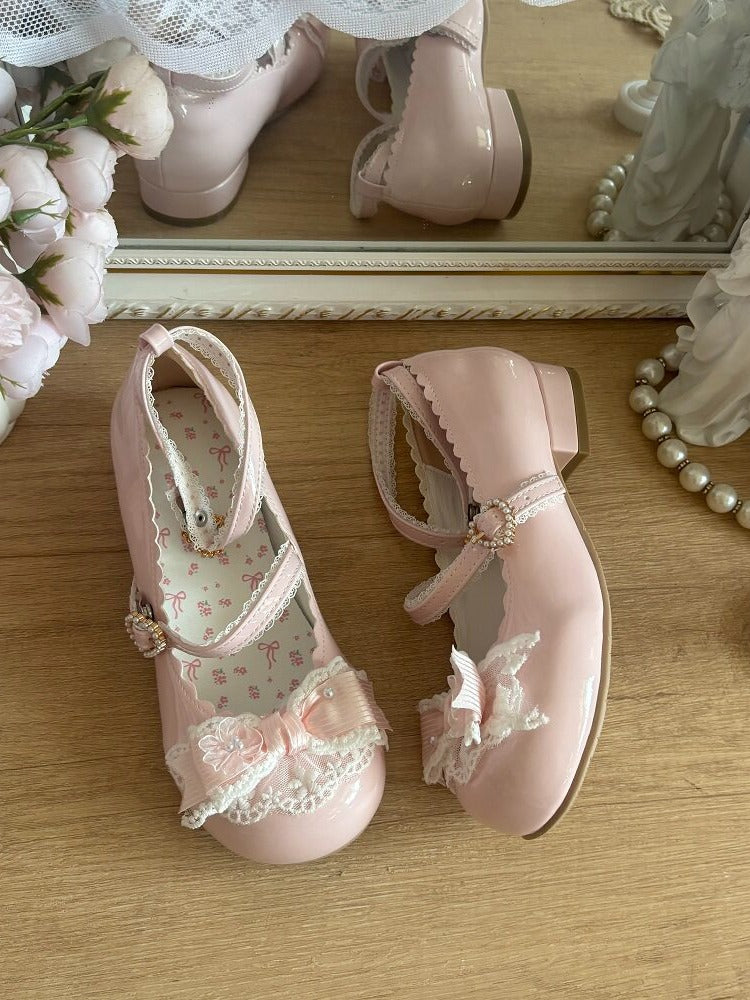 Elegant Lace Bow Round Toe Pumps - 2.5cm Low Heels - Blossoms