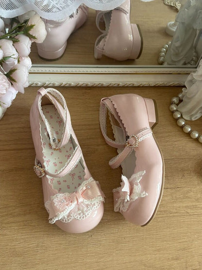 Elegant Lace Bow Round Toe Pumps - 2.5cm Low Heels - Blossoms