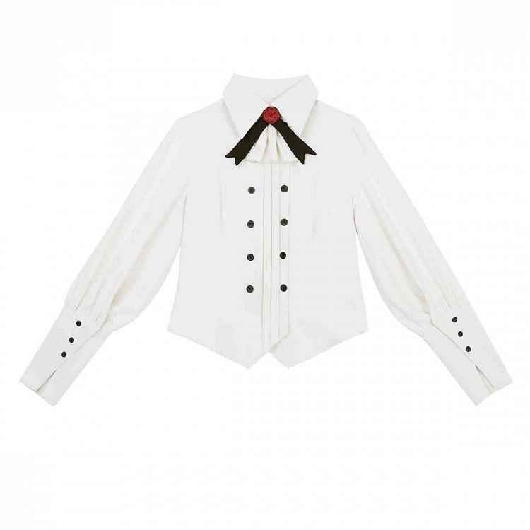 Ouji Lolita Pointed Foldover Collar Long Sleeves Shirt with Crossover Tie Jabot