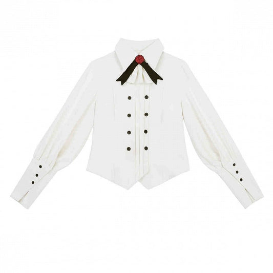 Ouji Lolita Pointed Foldover Collar Long Sleeves Shirt with Crossover Tie Jabot