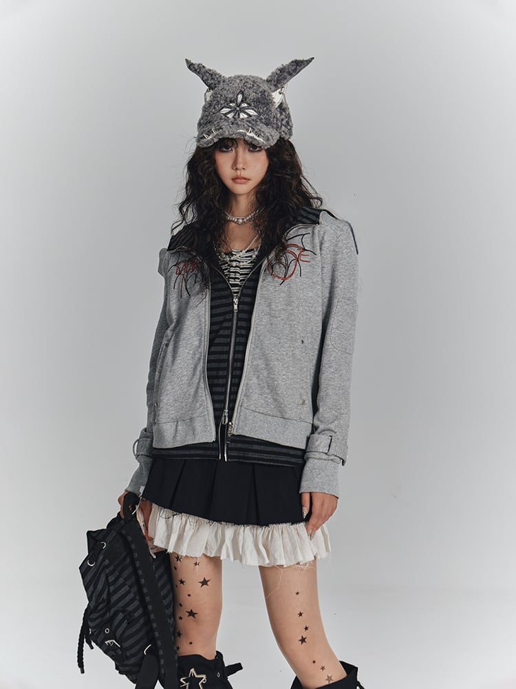 Hooded Wing Embroidery Hoodie Two-in-One Striped Inner Gray with Crop Punk Jacket