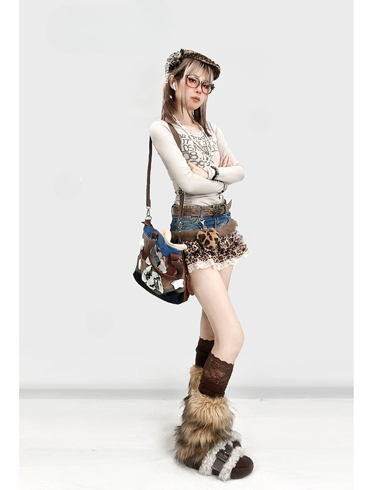 Lace Trim Blue Denim Tiered Skirts with Leopard Hem