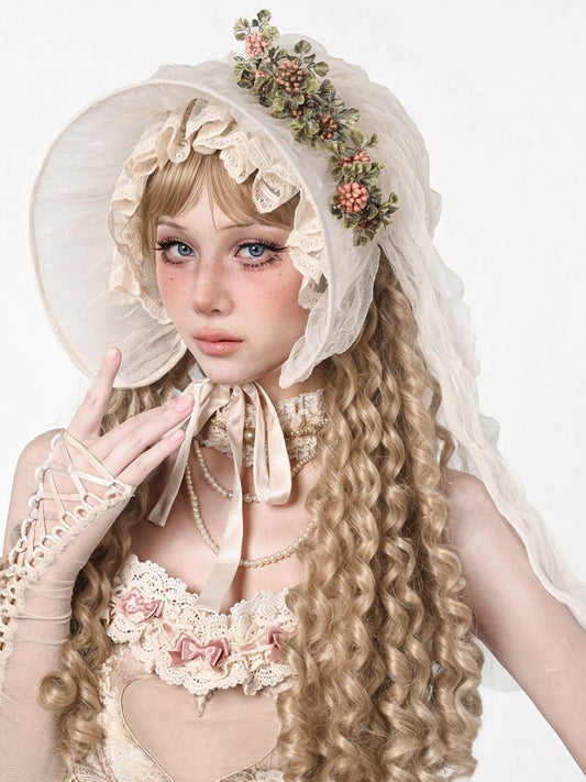Floral Veil with Design Apricot Vintage Hat