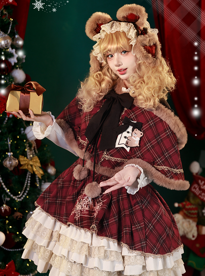 Red and Black Plaid Layered Lace Ruffled Sweet Lolita Dress +  Brown Faux Fur Trim Hooded Cape Set