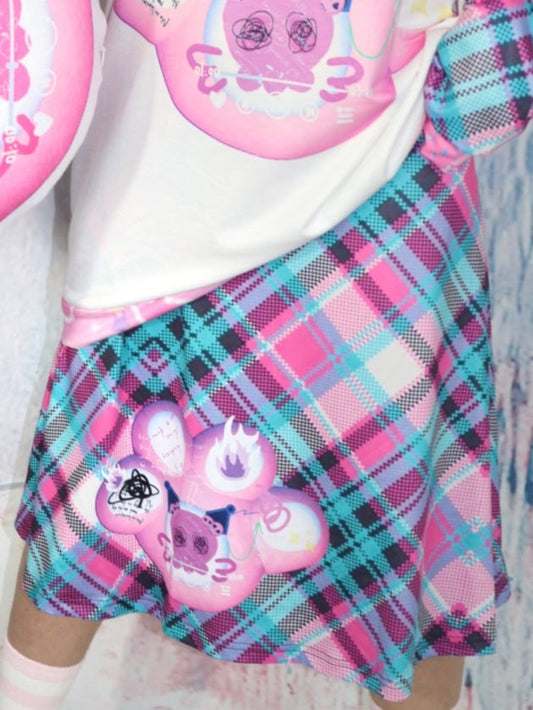 Y2K Kralle GrünRosa Rock Karomuster Print Katze