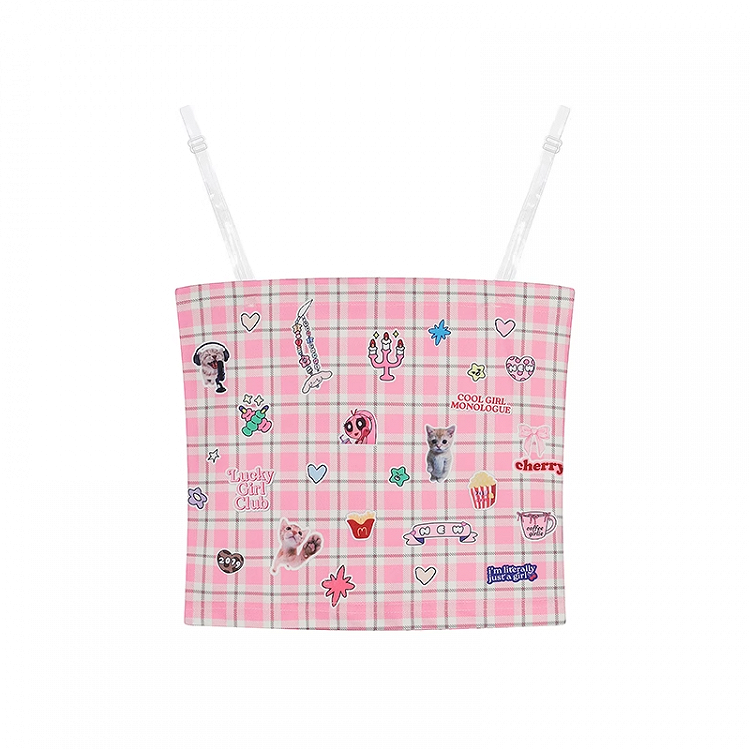 ストラップレストッププリントのかわいい子猫のステッカー付きピンクチェック柄クロップド丈