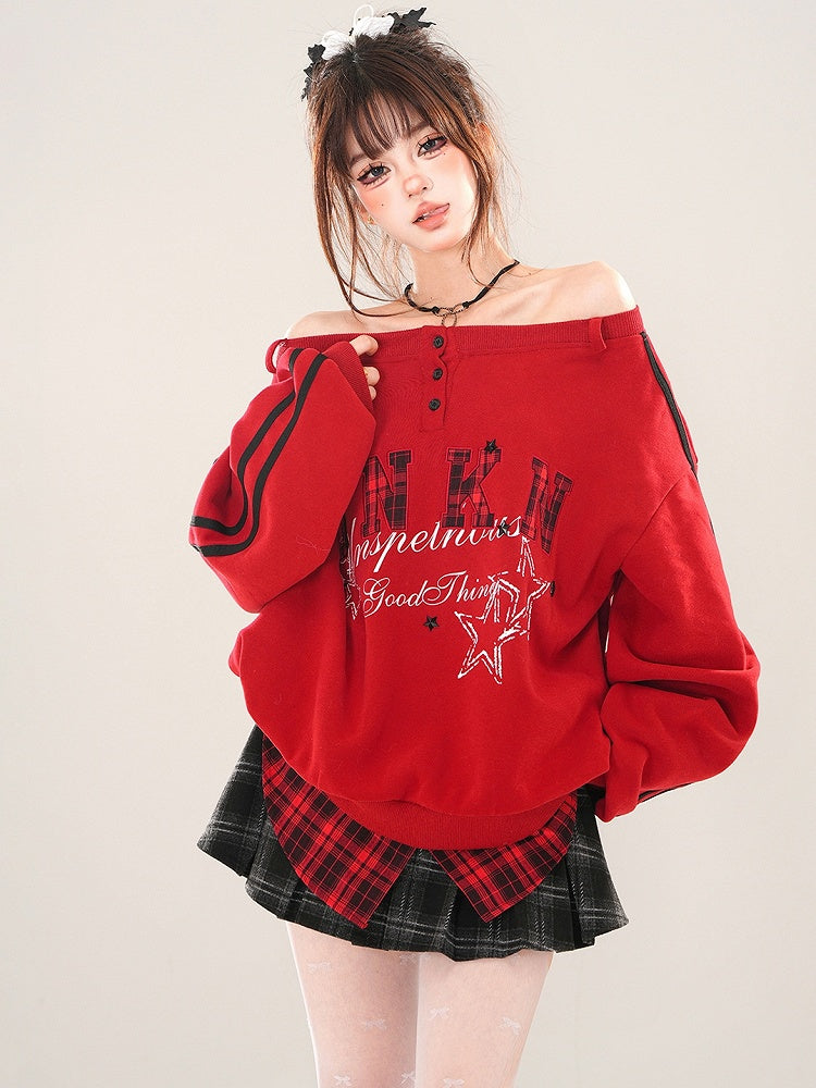 Red Letter Patch Embroidery Off-the-shoulder Neckline Sweatshirt