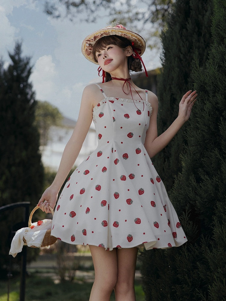 und weiß JSK süßes Kleid Polka Dots Sommer Lolita Erdbeere Sonne Druck