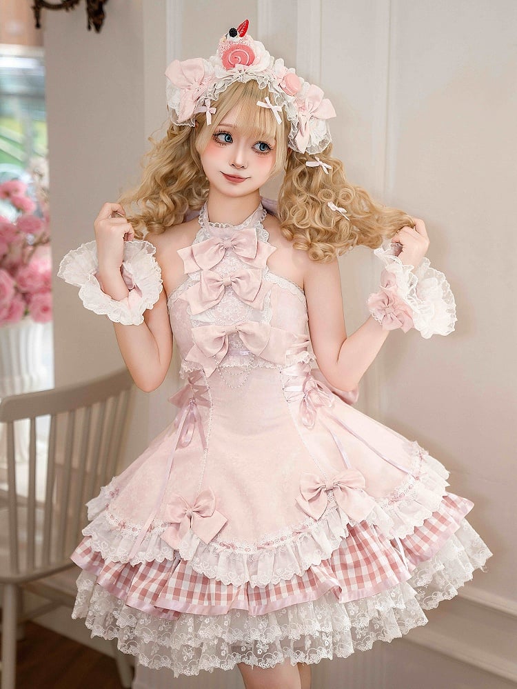 Set Accents Sweet Lolita Idol Pink Neck Bow Dress Halter Sakura / JSK Full