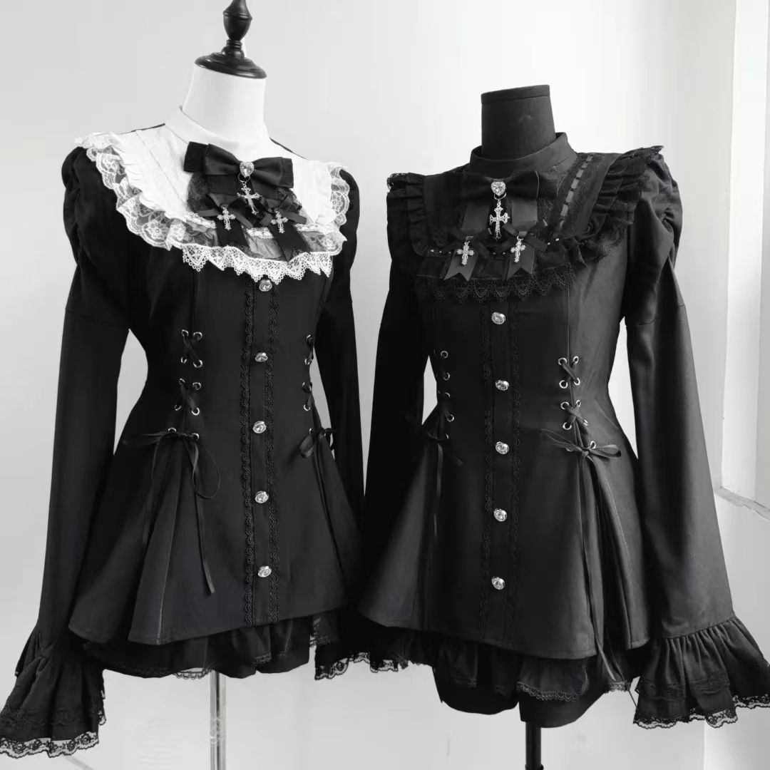 Front view of two gothic Lolita lace dress style options on mannequins