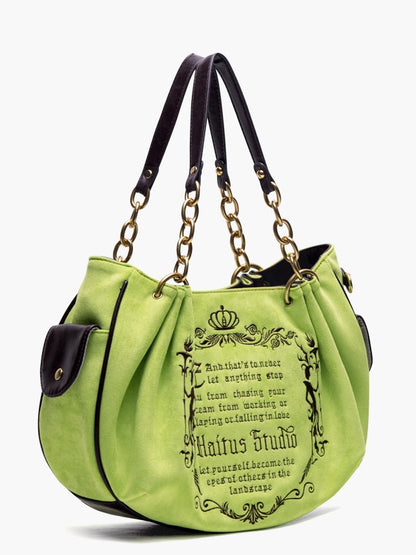Vintage Green Gothic Lettering Embroidered Tote Bag with Chain Strap