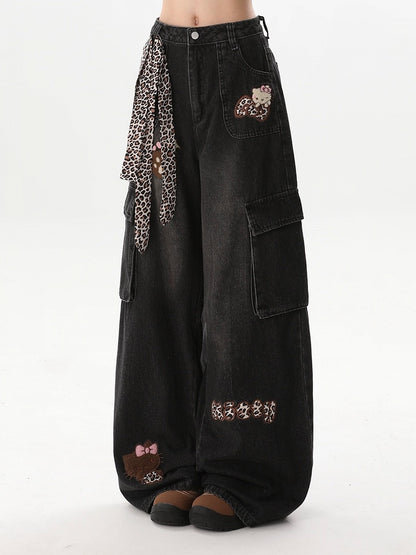 Cat Decoration Cargo Jeans with Leopard Print Lace-Up - Rayohopp