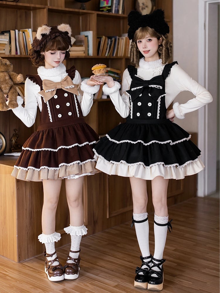Tiered Ruffle Overall Sweet Dress Black Hem and Shoulder with Straps Lolita Bow