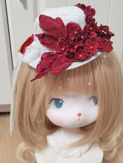 Lolita Bowknot Mini Wine Red Flower Top Velvet Hat