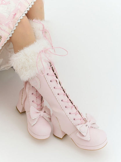 Plush PU Cuff Sweet Boots Bow Pink - with Lolita Accents Knee-High