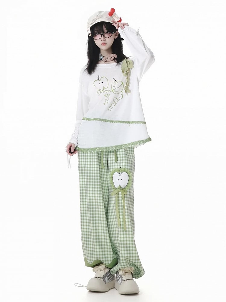 Green Apple Print Drawstring Cuffs White Asymmetrical Neckline Coverup