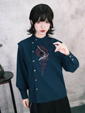 Navy Stand-Collar Asymmetric Shirt with Skeleton Whale Embroidery - Quirky Hut