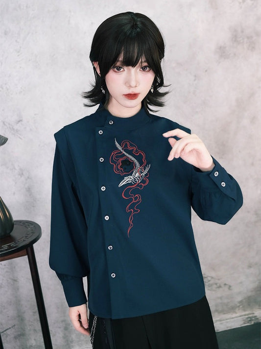Navy Stand-Collar Asymmetric Shirt with Skeleton Whale Embroidery - Quirky Hut