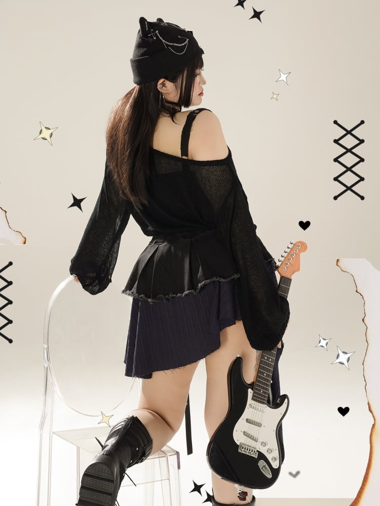 プラスサイズ ブラック ダメージ加工 ホールズ ニット トップス チェーン付き