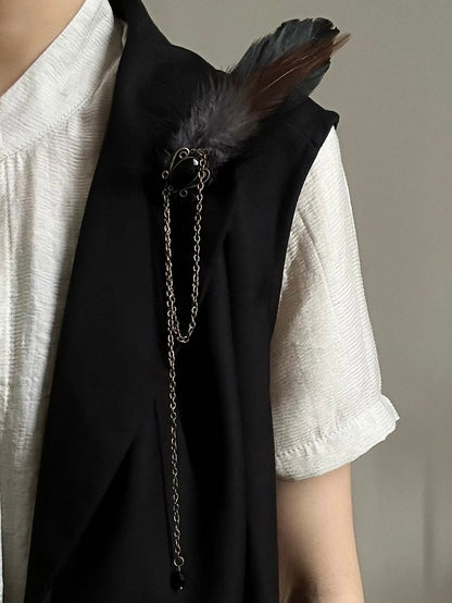 with Brooch Feather Accents Black Rhinestone Charm Chain