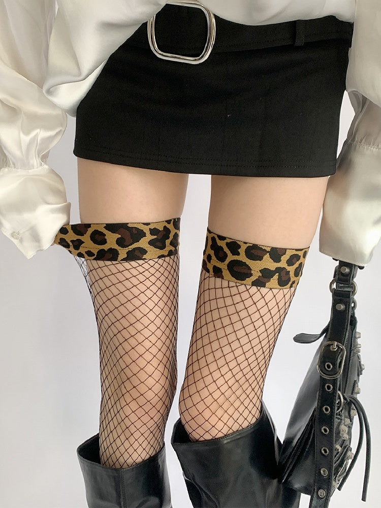 Fishnet Leopard Stockings Cuff Black with Print