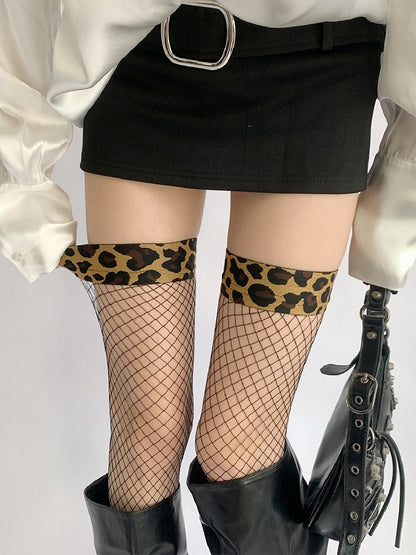 Fishnet Leopard Stockings Cuff Black with Print