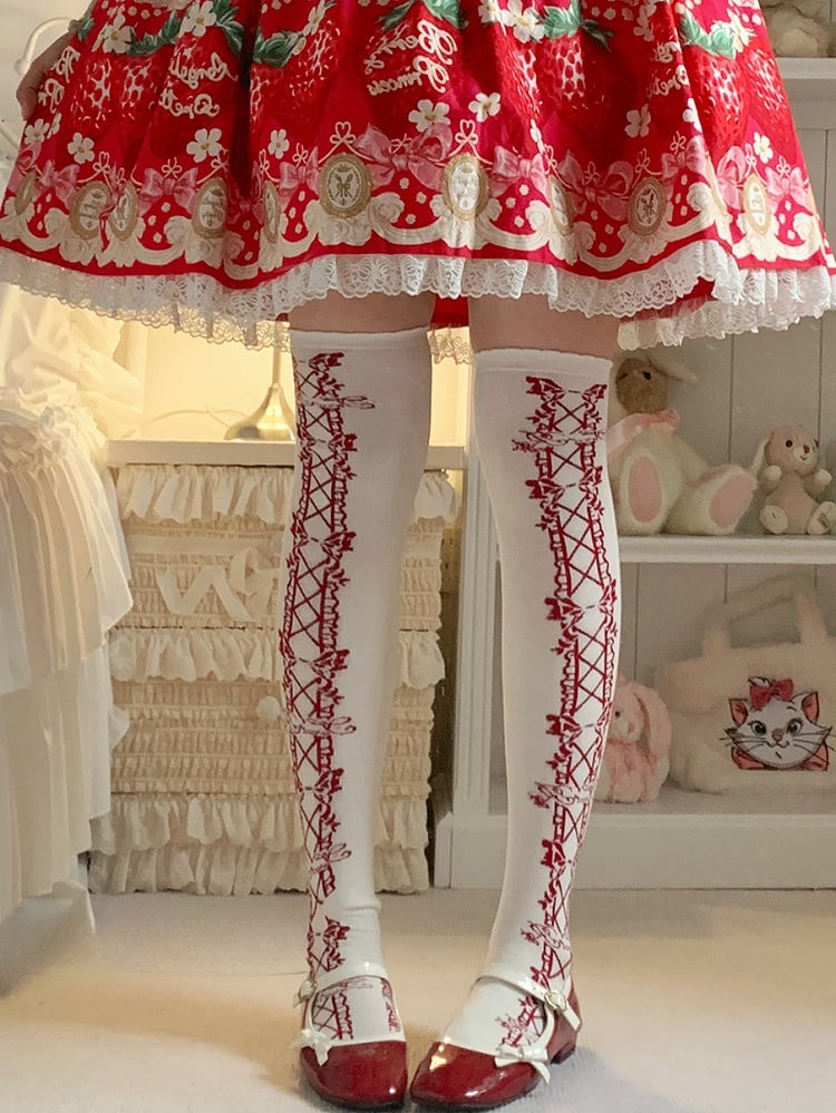 Old School Lolita Overknee-Strümpfe mit Schleife