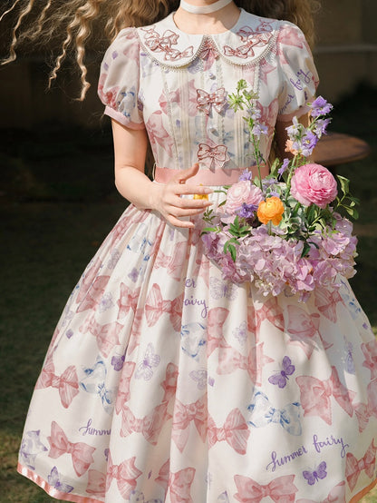 Pink Bowknot Peter Pan Collar Lolita Dress Bows and Butterfly Print One Piece