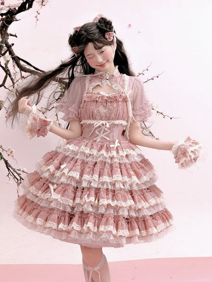 Süßes Lolita-Kleid mit Rüschenstickerei und rosa Spitze und Goldfischdetails