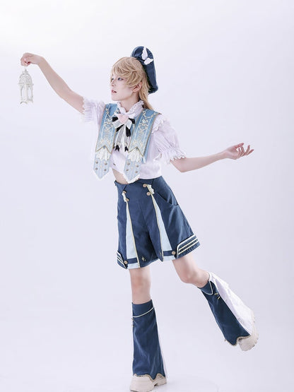 Detachable Lolita Ruffled Blue Shorts Ouji Shirt Set Warmers + Collar Dark Leg