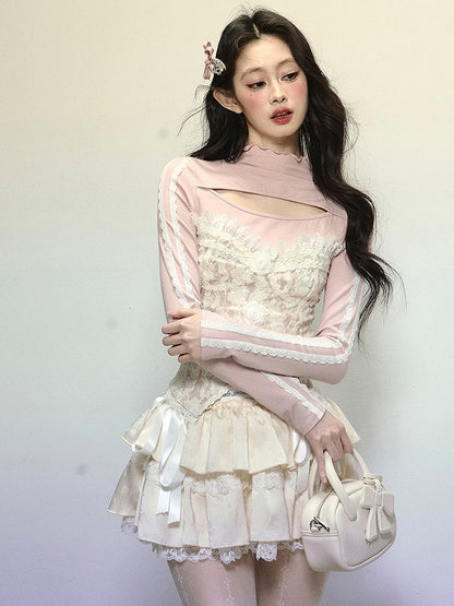 Rosa Patchwork-Top aus Spitze mit floralen Verzierungen und Cutout-Detail