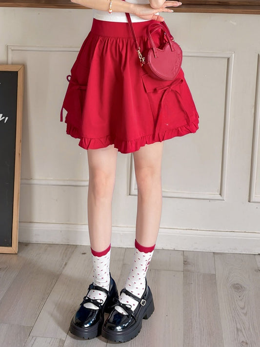 Red High Ruffle Hem Waist Bowknots Embellished Skirt