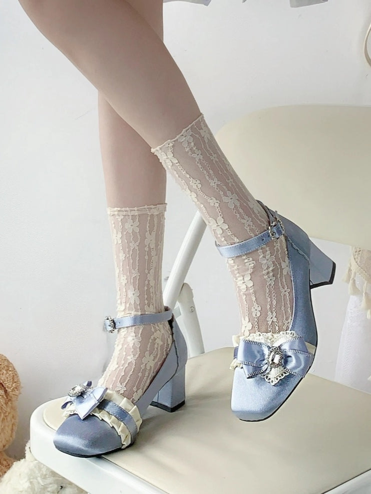 Elegant in Blue Janes Ruffle Loltia Toe Crystal Mary Bow Edging Mid-heel Satin with Square Embellished