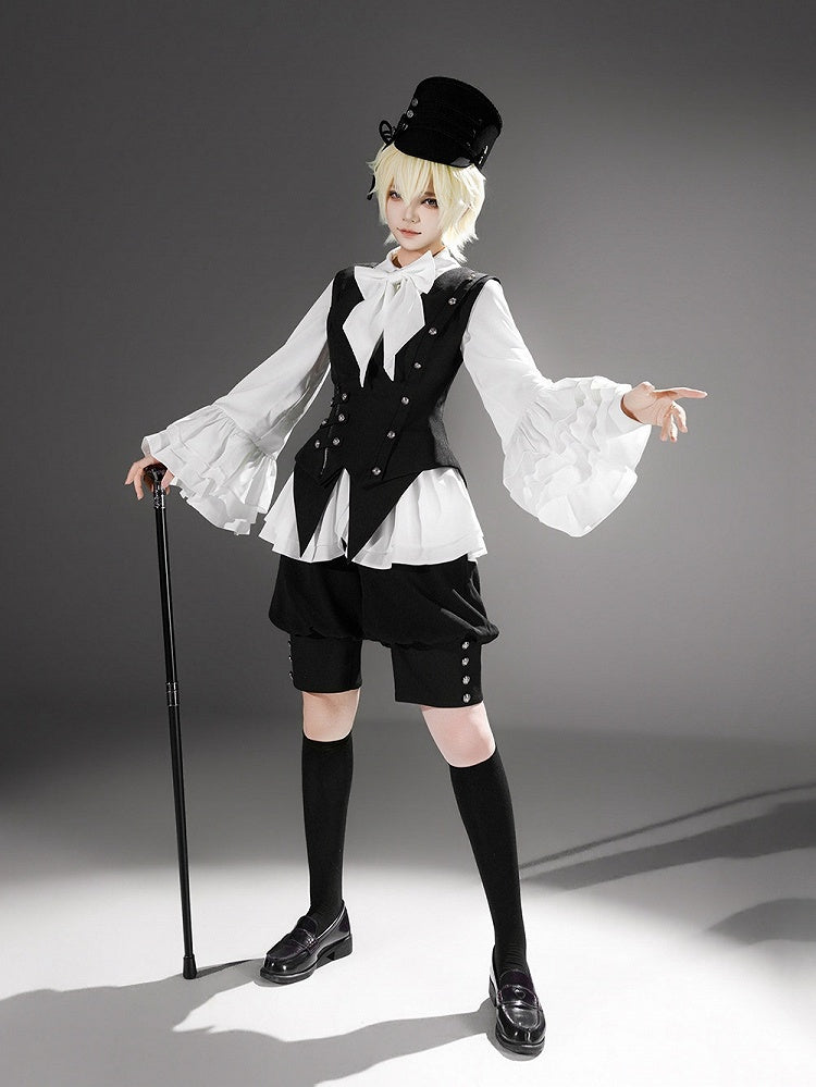 Black Ouji Lolita Deep V-Neck Waistcoat with Pointed Hem and Silver Buttons - Princess Chronicles