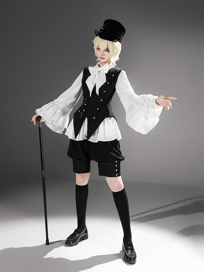 Black Ouji Lolita Deep V-Neck Waistcoat with Pointed Hem and Silver Buttons - Princess Chronicles