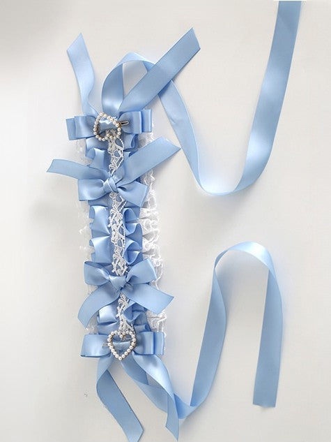 BlueWhite Details Bowknot Design Lolita Hairband Ruffled Heart Beaded Sweet