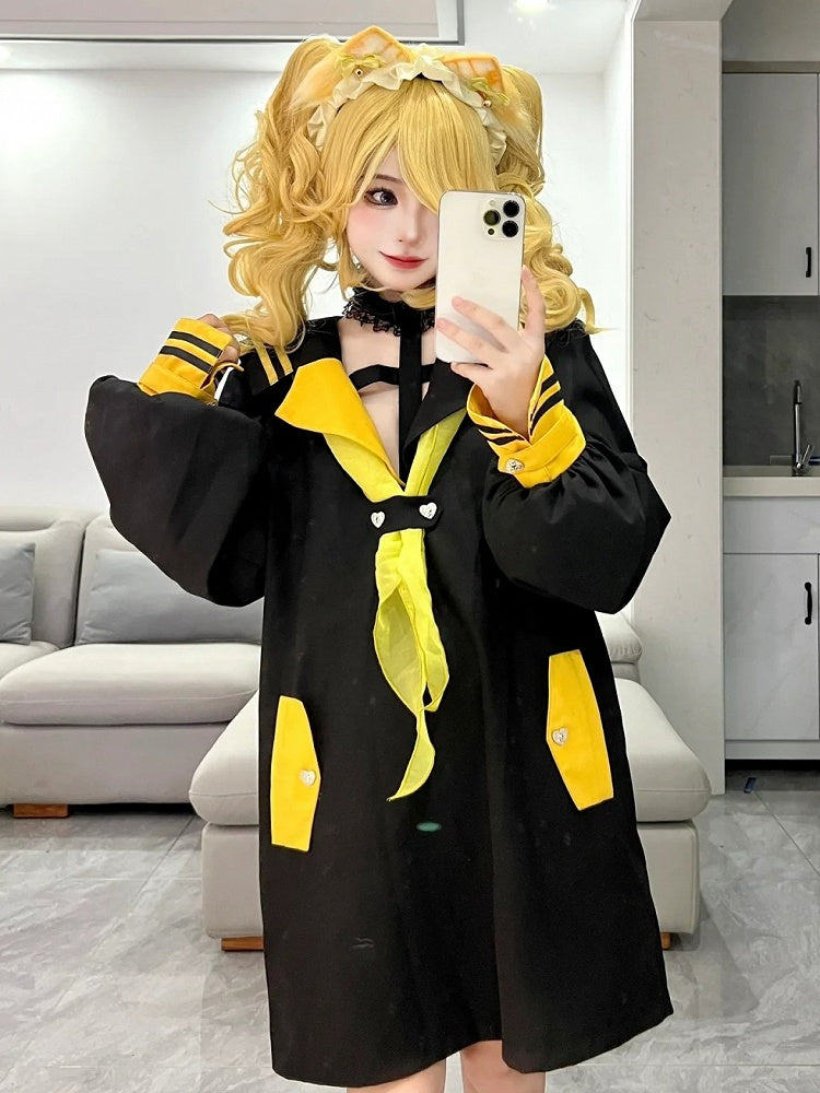 Top Kei Halter Collar Yellow Black Sailor Inspired and Long Jirai Design Bold with Cross