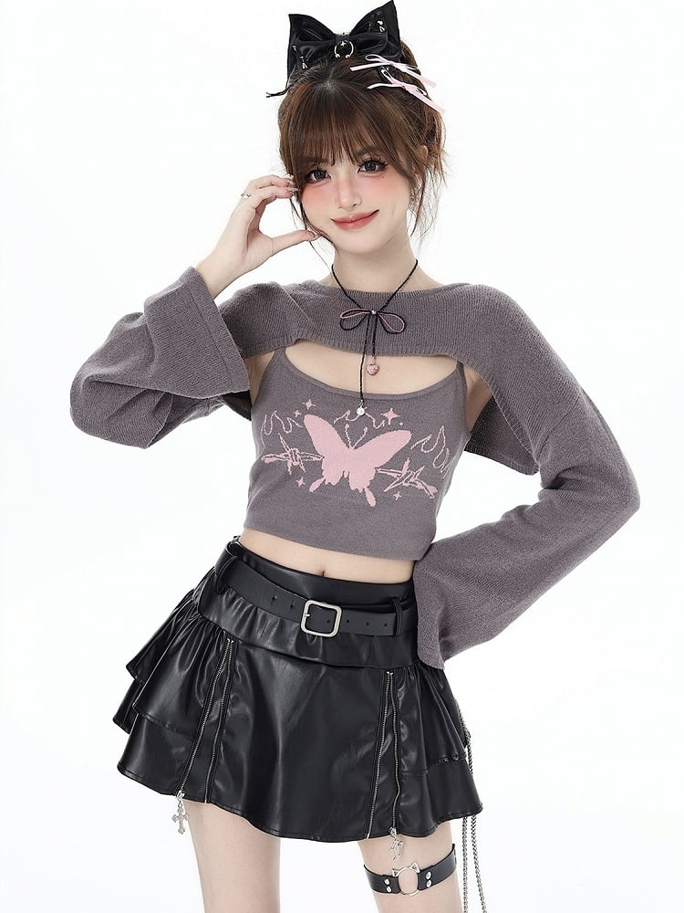 Gray Knit Bolero with Butterfly Print Camisole Ensemble - CRAZY GIRL