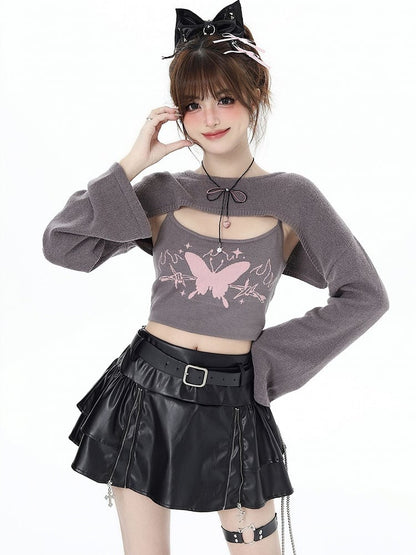 Gray Knit Bolero with Butterfly Print Camisole Ensemble - CRAZY GIRL
