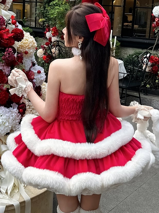 Red Christmas Snowflake Bows Decorated Bodice Winter Plush Trimming Strapless Dress