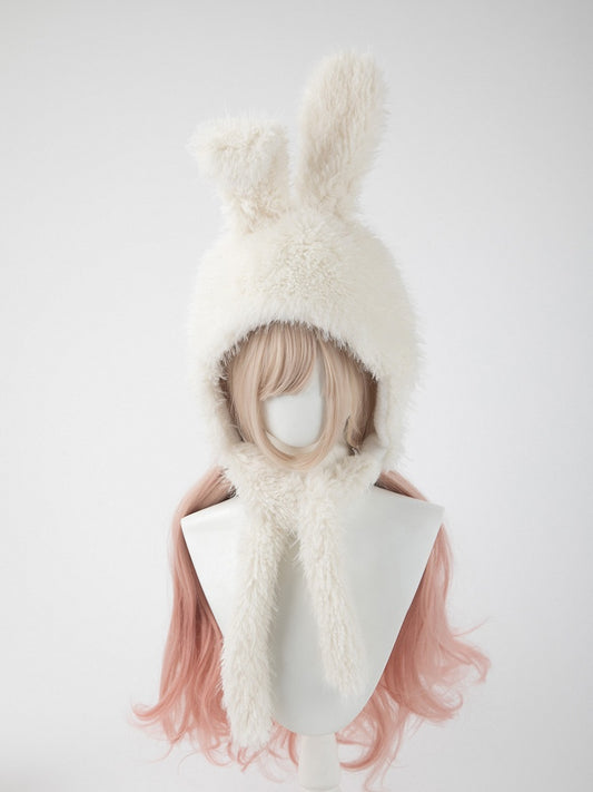 Hooded Fluffy Hat Bunny White Ear