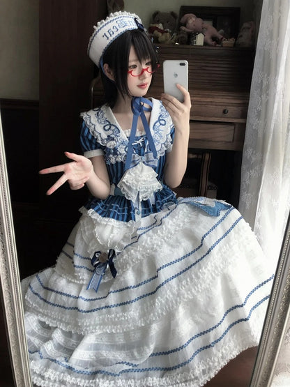 White Layered Sailor Lolita Skirt with Bow - Twin Bear Original Design