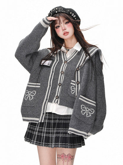 Gray Sailor Collar Cardigan with Button Placket - Kelly Kitty