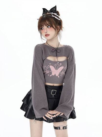 Gray Knit Bolero with Butterfly Print Camisole Ensemble - CRAZY GIRL