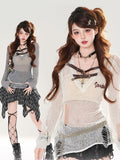 Mesh Weiß/Grau Löcher V-Ausschnitt Schnalle Riemen Distressed