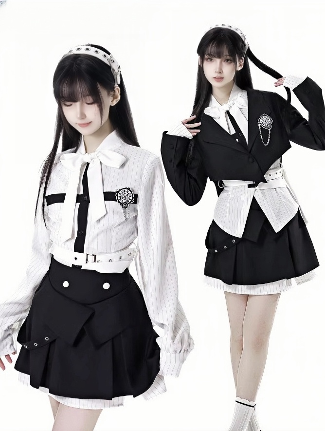 ブラックボックスプリーツスカート ホワイトストライプ パッチワークデザイン