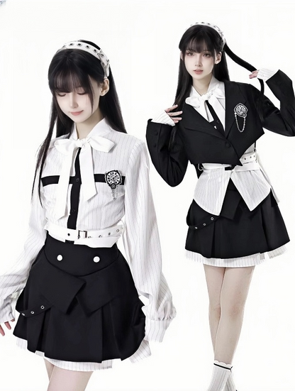 ブラックボックスプリーツスカート ホワイトストライプ パッチワークデザイン