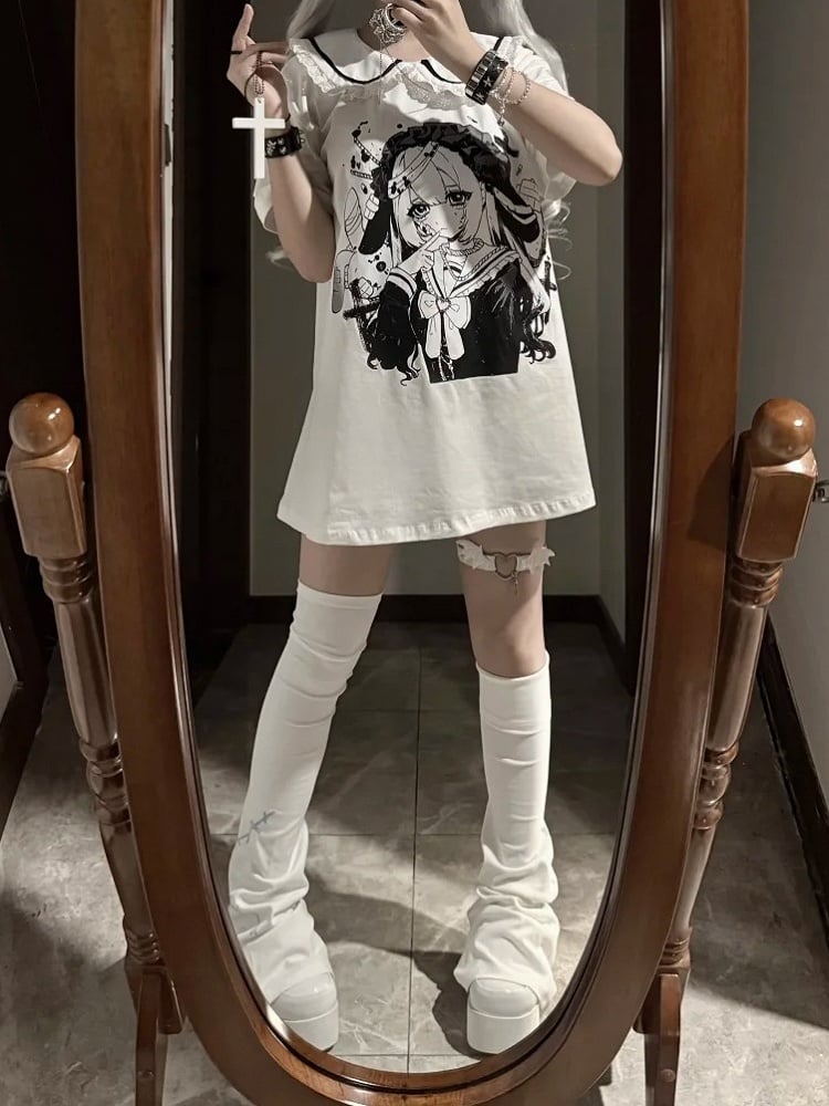 Pan Jirai Kei T-shirt White Anime Girl Print Peter Collar