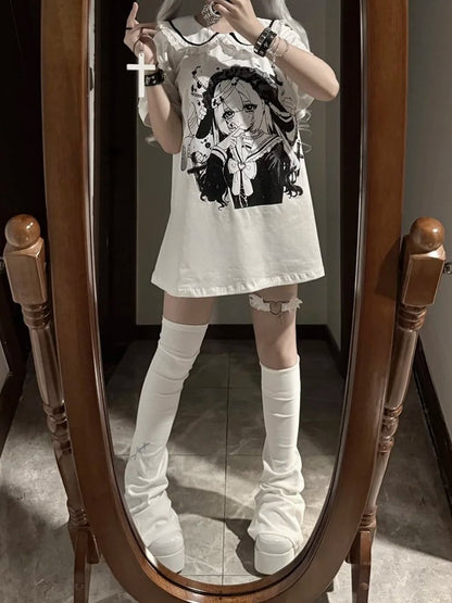 Pan Jirai Kei T-shirt White Anime Girl Print Peter Collar